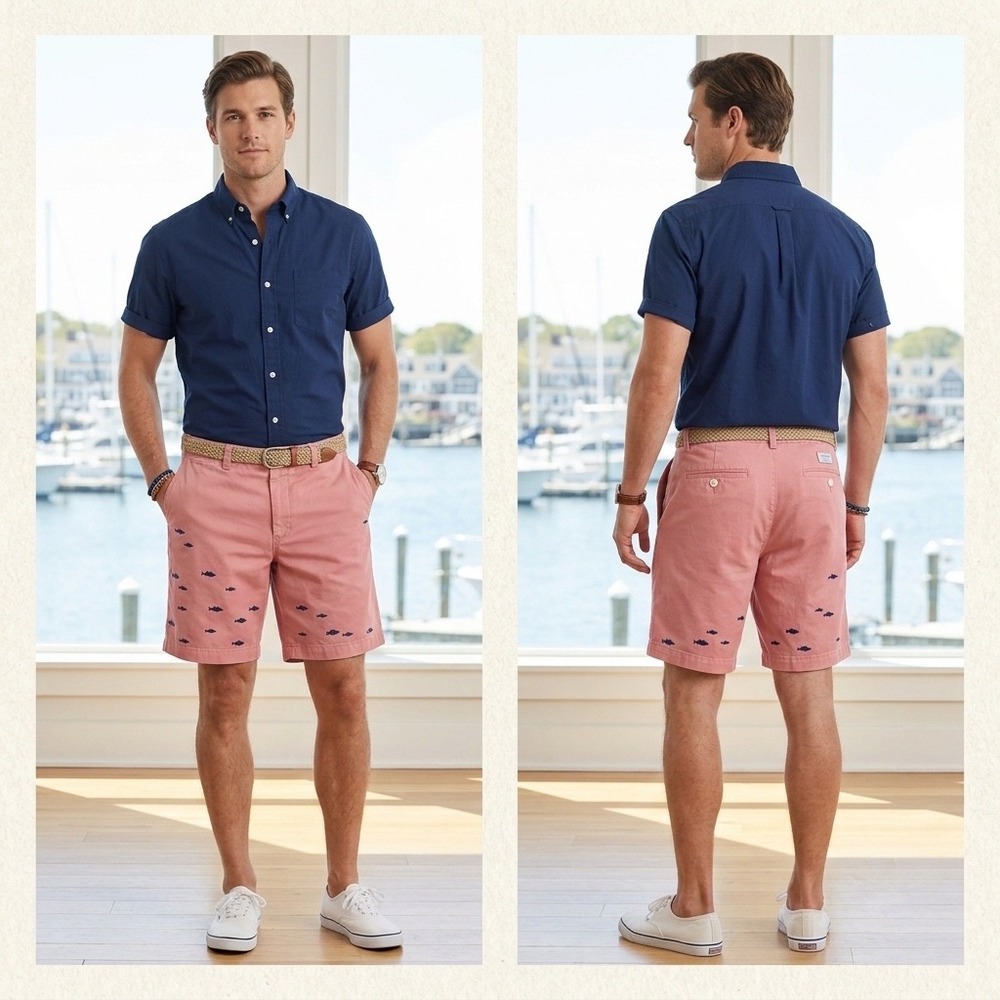 Vineyard Vines Mens 32 Club Shortโ Salmon Pink Navy Blue Fish Embroidered Chino